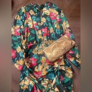 Zara Multicolor Floral Dress with Micheal Kors Gold Clutch